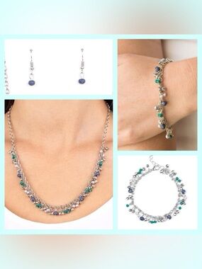 🌴 Small beachy blue and green beaded necklace and bracelet set